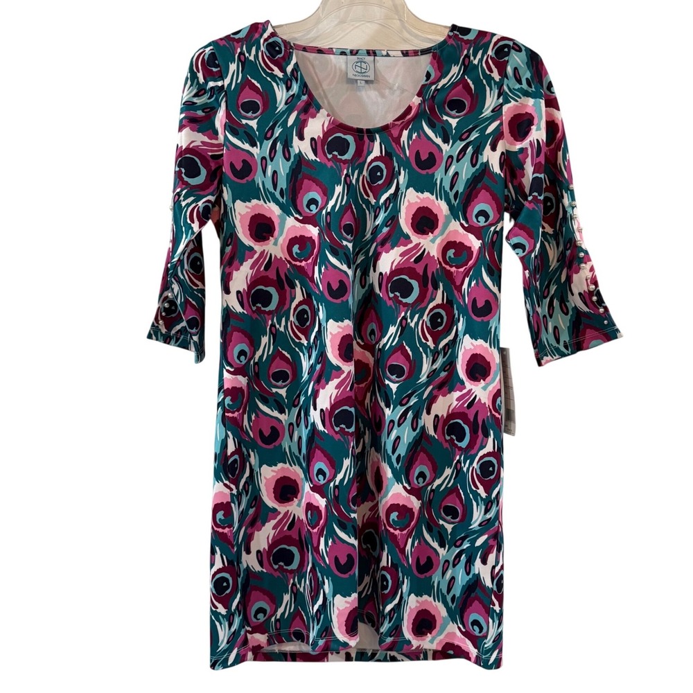 NWT Tracy Negoshian Eva Dress Watercolor Peacock Pearl Sleeve Teal Pink Large